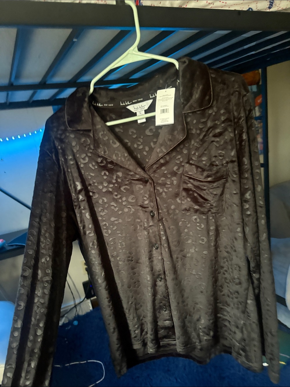 Long-Sleeve Black Satin-Texture Pajama Top